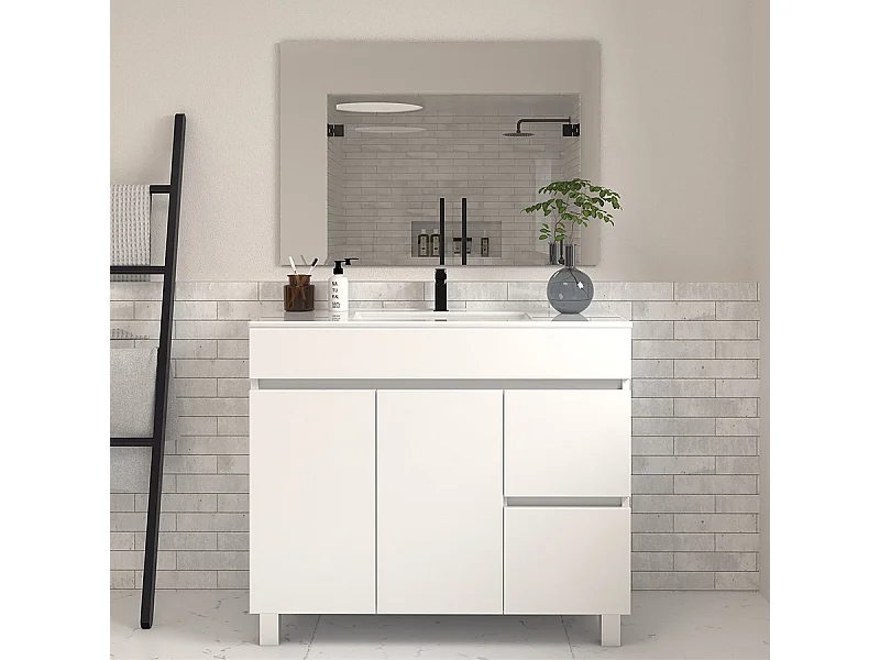 Meuble de salle de bain 100cm simple vasque sur pieds avec portes et tiroirs - blanc - HARO