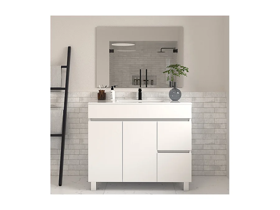 Meuble de salle de bain 100cm simple vasque sur pieds avec portes et tiroirs - blanc - HARO