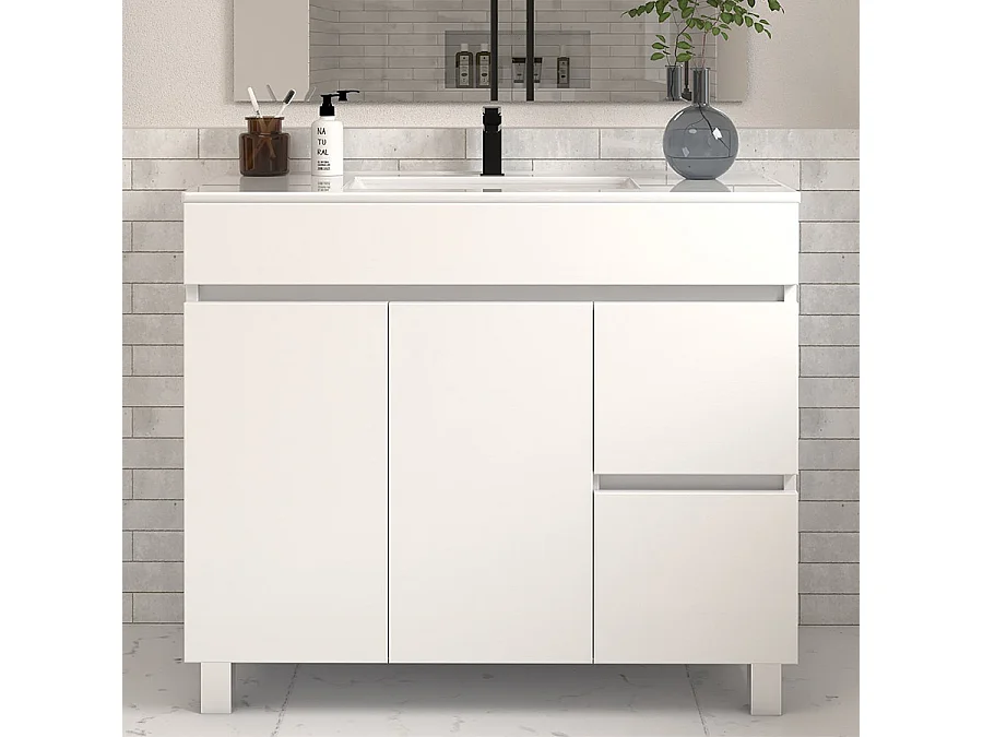Meuble de salle de bain 100cm simple vasque sur pieds avec portes et tiroirs - blanc - HARO