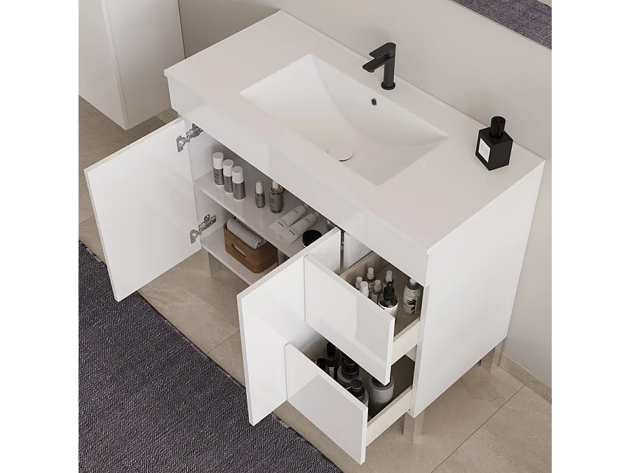 Meuble de salle de bain 100cm simple vasque sur pieds avec portes et tiroirs - blanc - HARO