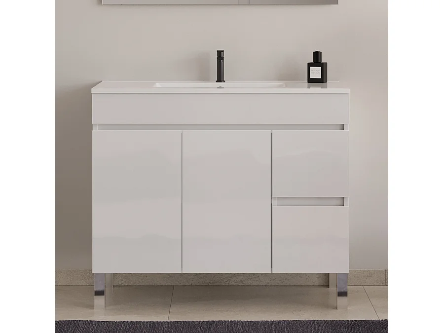 Meuble de salle de bain 100cm simple vasque sur pieds avec portes et tiroirs - blanc - HARO