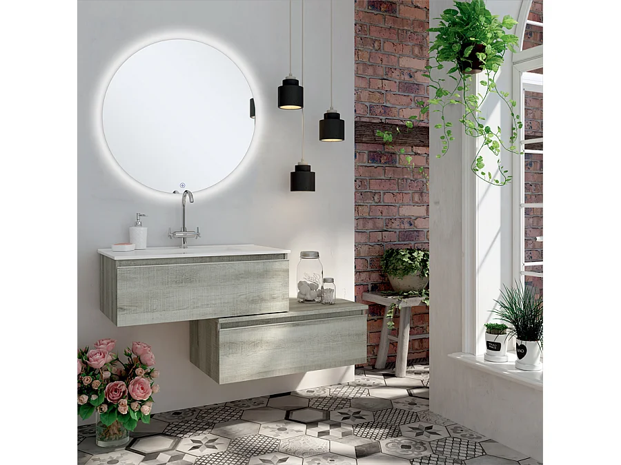 Meuble de salle de bain simple vasque -  2 tiroirs - PENA et miroir rond Led SOLEN - Coral - 120cm