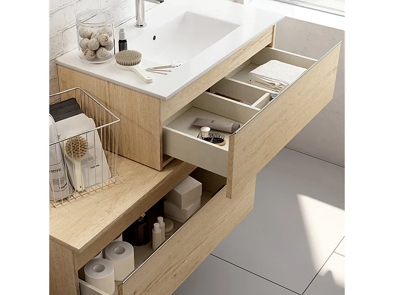 Meuble de salle de bain simple vasque -  2 tiroirs - PENA et miroir rond Led SOLEN - Coral - 120cm