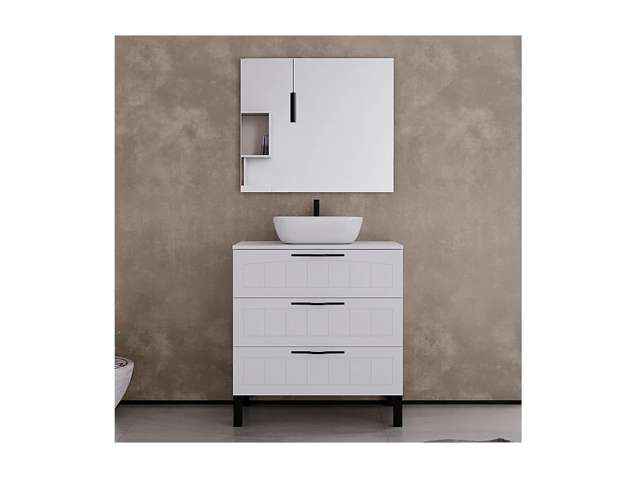 Meuble de salle de bain 80cm avec plateau et vasque à poser ovale - 3 tiroirs - blanc - CALA