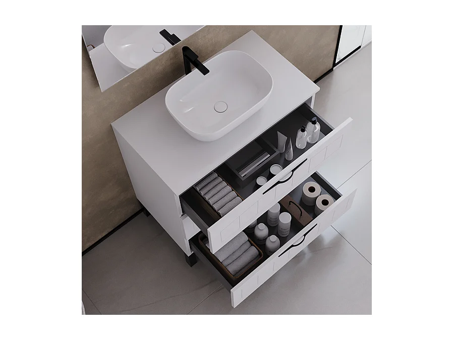 Meuble de salle de bain 80cm avec plateau et vasque à poser ovale - 3 tiroirs - blanc - CALA