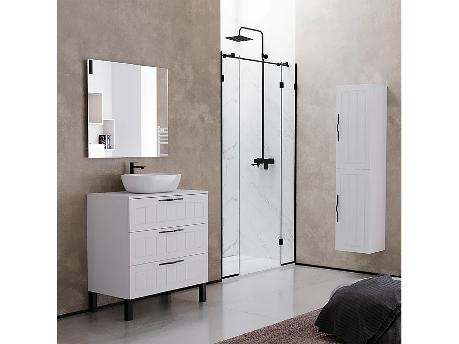 Meuble de salle de bain 80cm avec plateau et vasque à poser ovale - 3 tiroirs - blanc - CALA