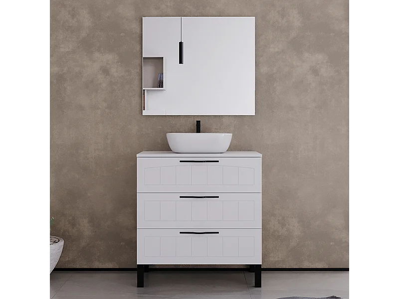 Meuble de salle de bain 80cm avec plateau et vasque à poser ovale - 3 tiroirs - blanc - CALA
