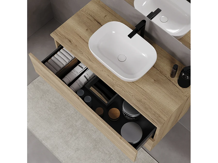 Meuble de salle de bain 100cm avec plateau et vasque à poser zeus - 2 tiroirs - sans miroir - madera miel (chêne clair) - LUNA