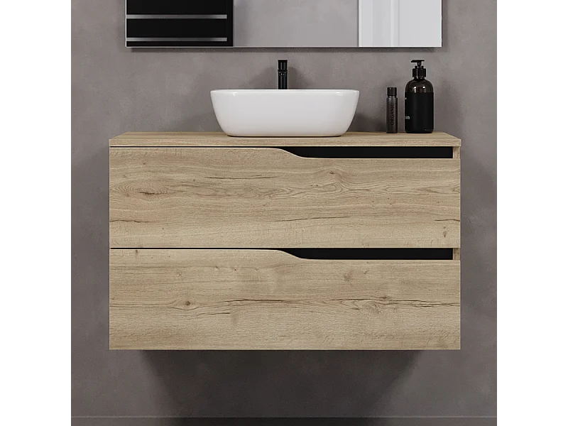 Meuble de salle de bain 100cm avec plateau et vasque à poser zeus - 2 tiroirs - sans miroir - madera miel (chêne clair) - LUNA