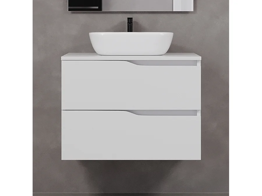 Meuble de salle de bain 80cm avec plateau miel et vasque à poser zeus - 2 tiroirs - sans miroir - blanc - LUNA