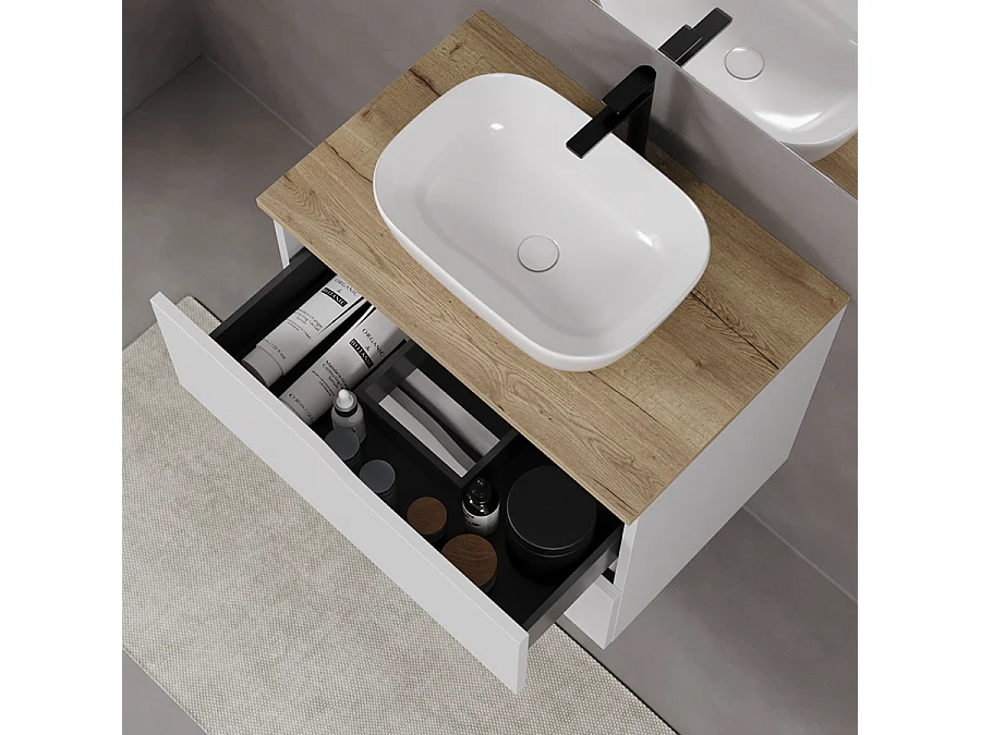 Meuble de salle de bain 80cm avec plateau miel et vasque à poser zeus - 2 tiroirs - sans miroir - blanc - LUNA
