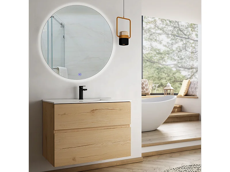 Meuble de salle de bain simple vasque - 2 tiroirs - MIG et miroir rond Led SOLEN - roble (chêne clair)  - 70cm