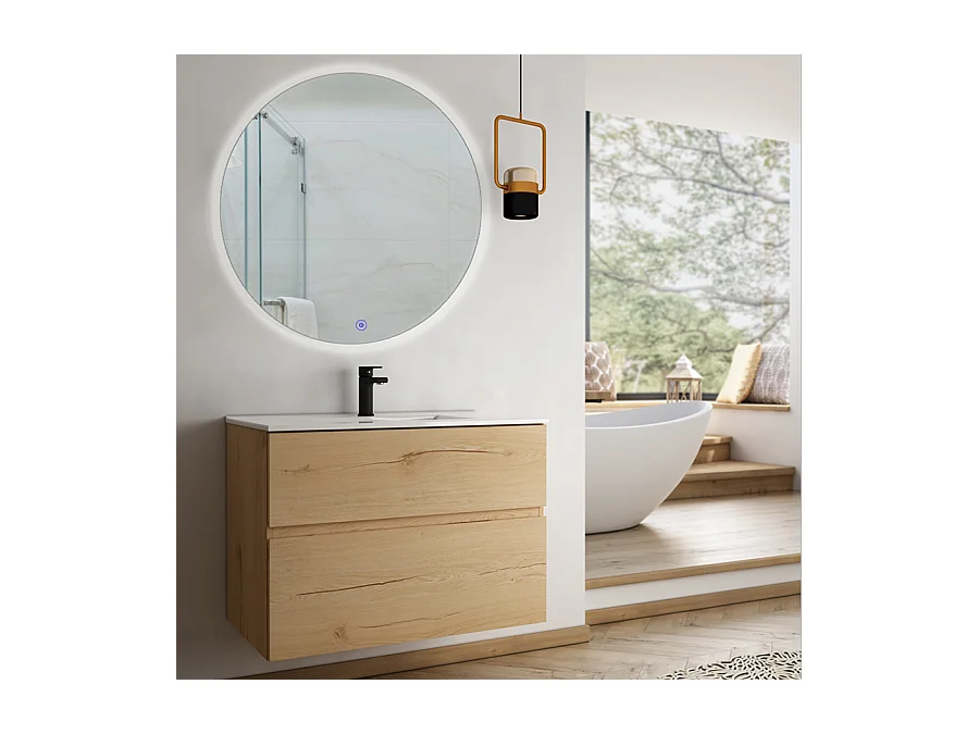 Meuble de salle de bain simple vasque - 2 tiroirs - MIG et miroir rond Led SOLEN - roble (chêne clair)  - 70cm