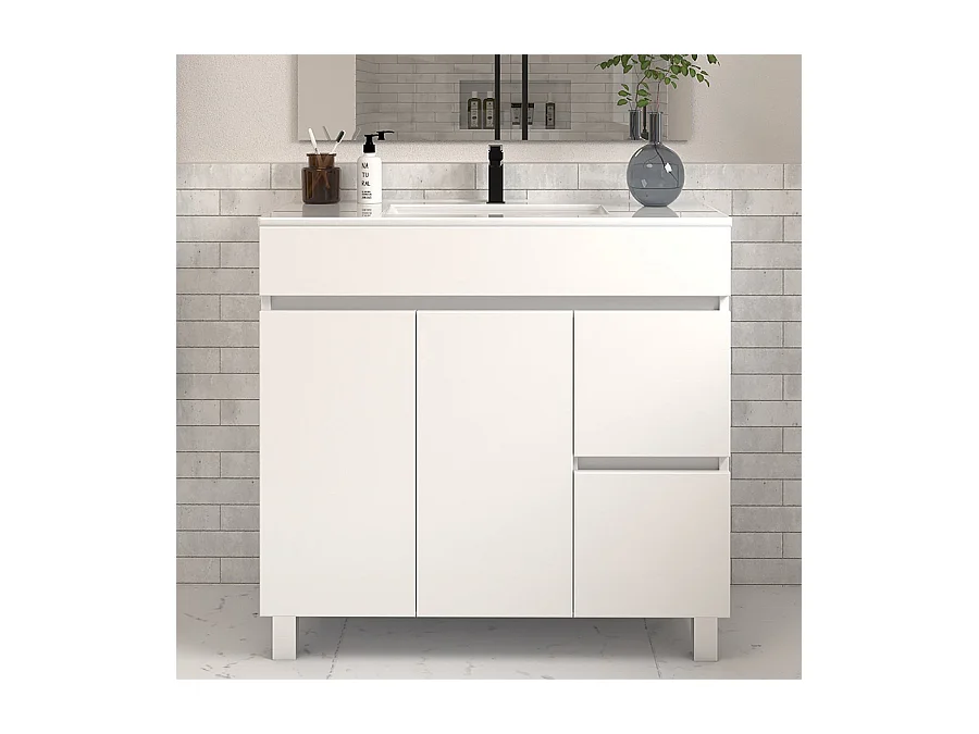 Meuble de salle de bain 80cm simple vasque sans miroir sur pieds avec portes et tiroirs - blanc - HARO