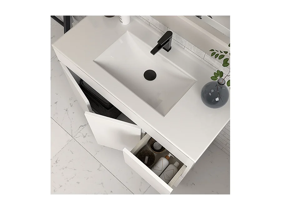 Meuble de salle de bain 80cm simple vasque sans miroir sur pieds avec portes et tiroirs - blanc - HARO