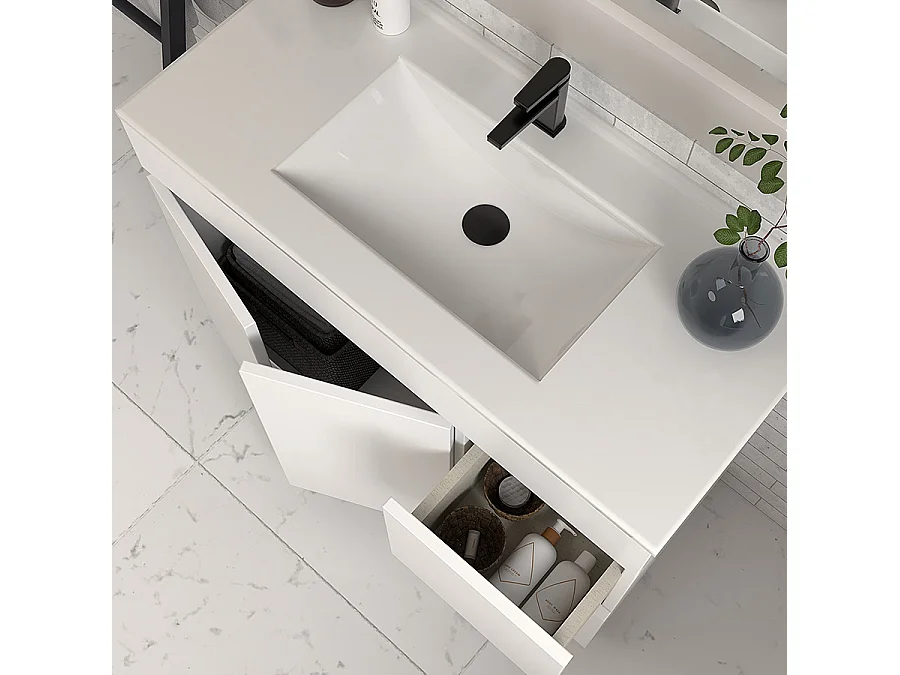 Meuble de salle de bain 80cm simple vasque sans miroir sur pieds avec portes et tiroirs - blanc - HARO