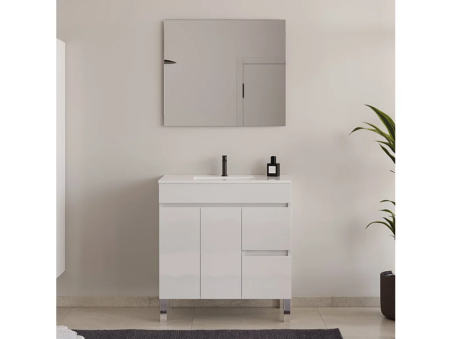 Meuble de salle de bain 80cm simple vasque sans miroir sur pieds avec portes et tiroirs - blanc - HARO