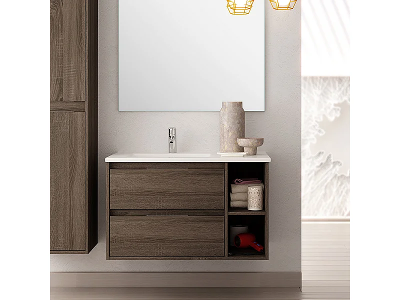 Meuble de salle de bain 80cm vasque déportée - 2 tiroirs et 2 niches - OLYMPE - britannia (chêne foncé)