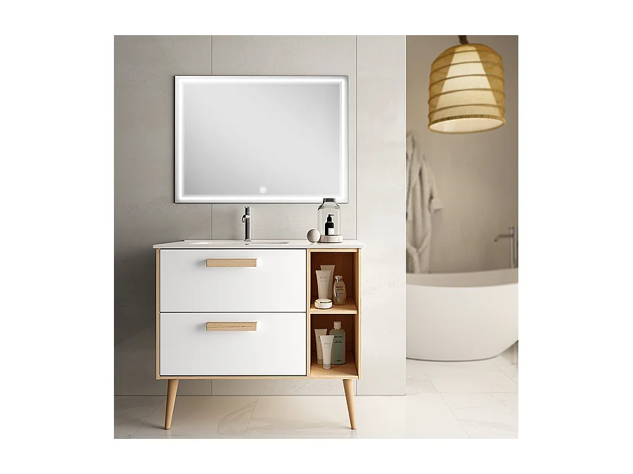 Meuble de salle de bain vasque déportée - 2 tiroirs - MALIA et miroir Led VELDI - blanc - 80cm