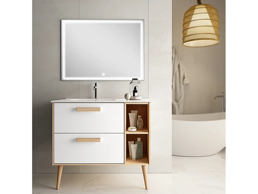 Meuble de salle de bain vasque déportée - 2 tiroirs - MALIA et miroir Led VELDI - blanc - 80cm