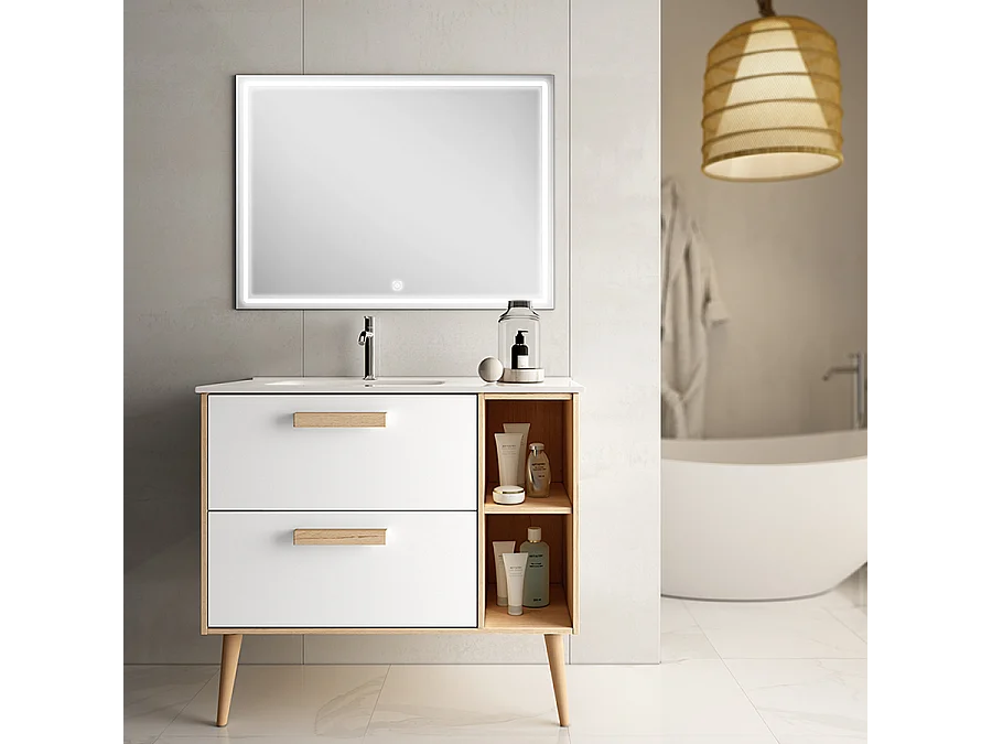 Meuble de salle de bain vasque déportée - 2 tiroirs - MALIA et miroir Led VELDI - blanc - 80cm