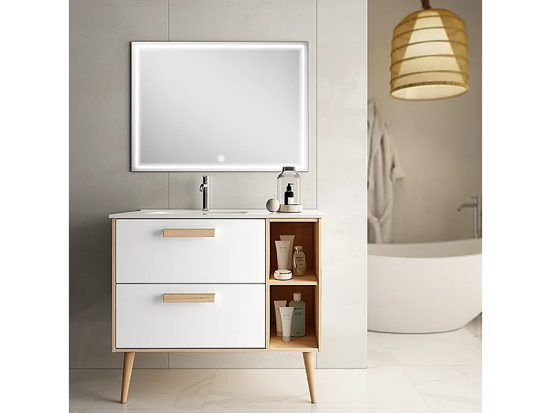 Meuble de salle de bain vasque déportée - 2 tiroirs - MALIA et miroir Led VELDI - blanc - 80cm