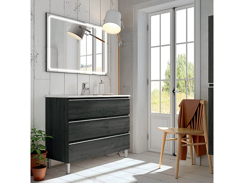Meuble de salle de bain simple vasque - 3 tiroirs - PALMA et miroir Led VELDI - ebony (bois noir) - 70cm
