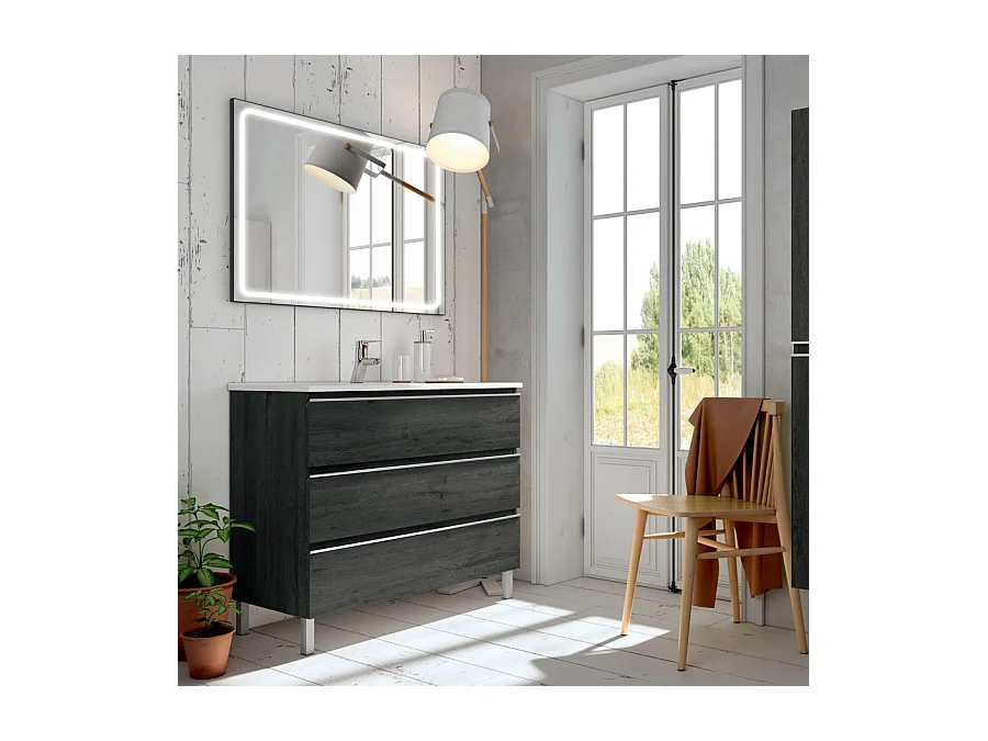 Meuble de salle de bain simple vasque - 3 tiroirs - PALMA et miroir Led VELDI - ebony (bois noir) - 70cm