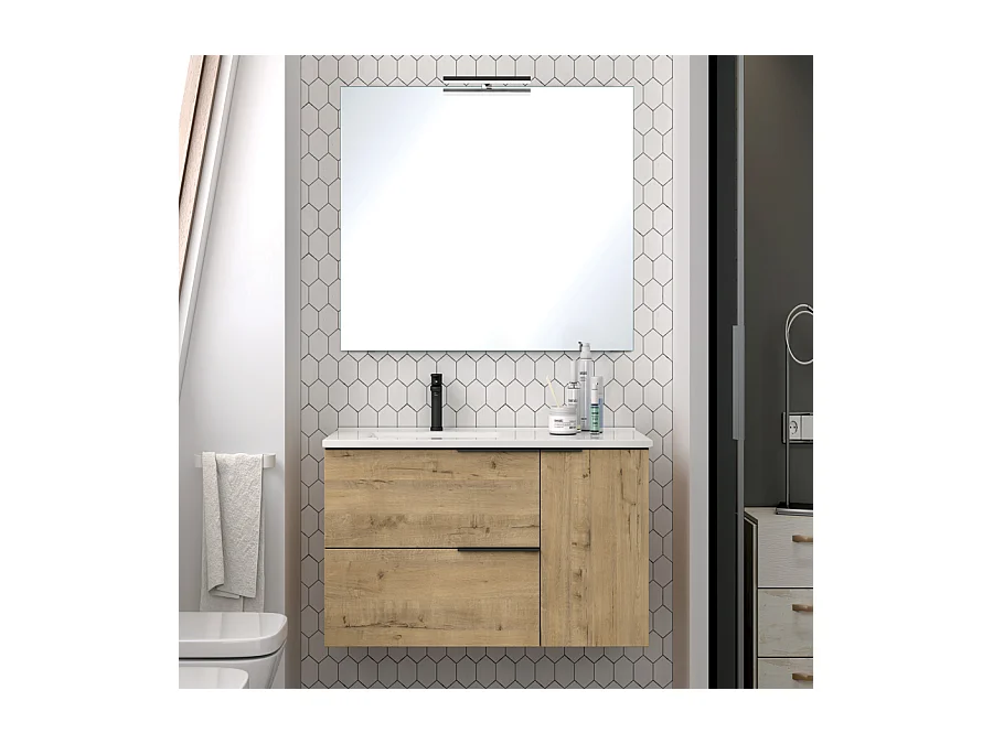 Meuble de salle de bain 80cm vasque déportée - 2 tiroirs -  KING - Roble (chêne clair)