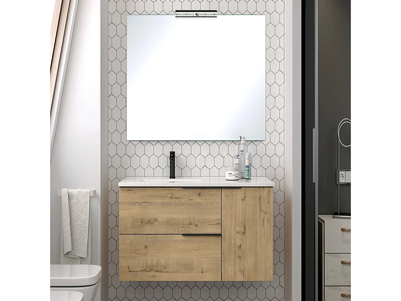 Meuble de salle de bain 80cm vasque déportée - 2 tiroirs -  KING - Roble (chêne clair)