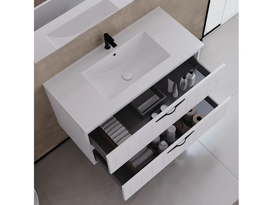 Meuble de salle de bain 100cm simple vasque - 2 tiroirs - sans miroir - blanc - PIA