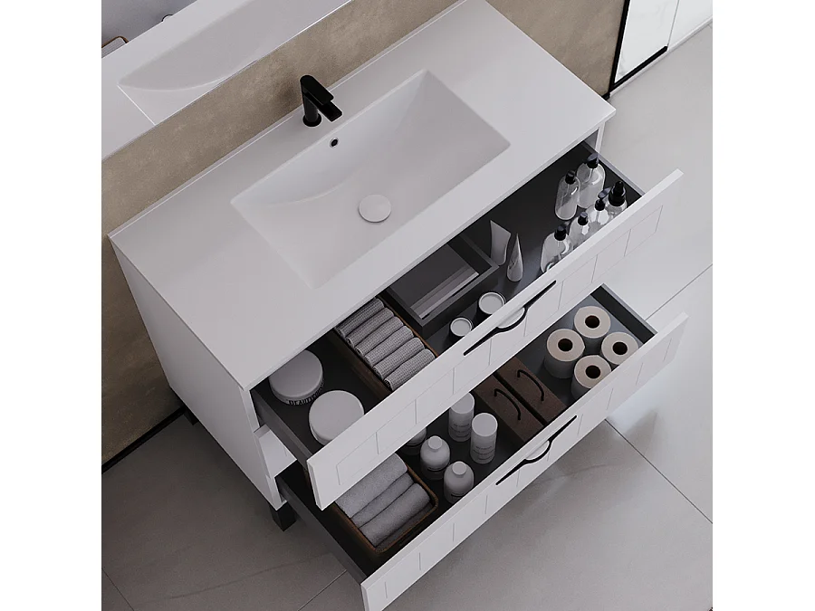 Meuble de salle de bain 100cm simple vasque - 3 tiroirs - sans miroir - blanc - CALA