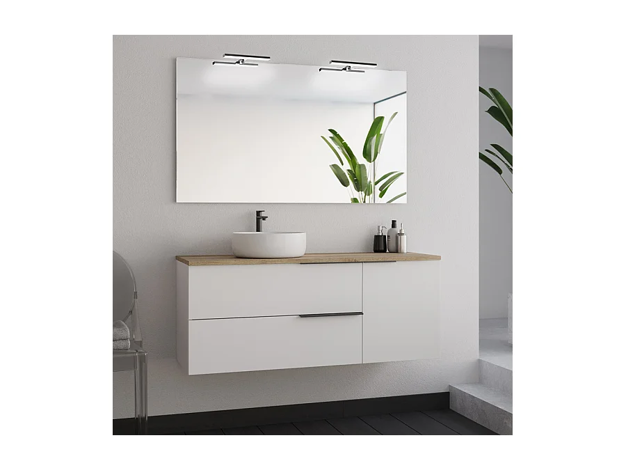 Meuble de salle de bain 120cm avec vasque à poser ronde et miroir avec appliques - blanc - KING
