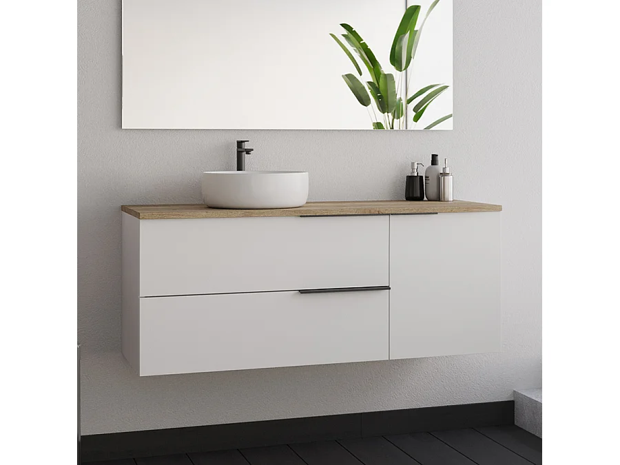 Meuble de salle de bain 120cm avec vasque à poser ronde et miroir avec appliques - blanc - KING