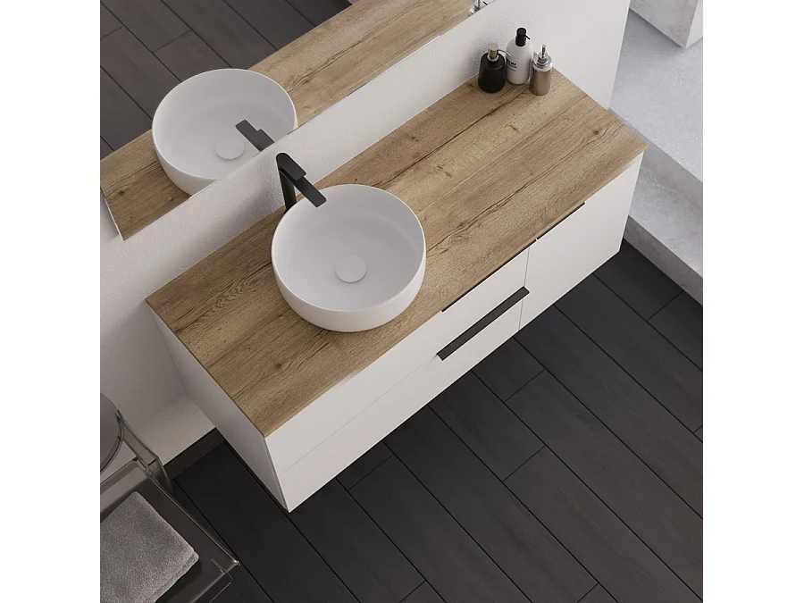 Meuble de salle de bain 120cm avec vasque à poser ronde et miroir avec appliques - blanc - KING