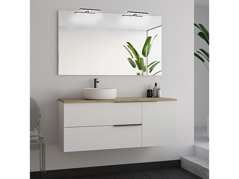 Meuble de salle de bain 120cm avec vasque à poser ronde et miroir avec appliques - blanc - KING