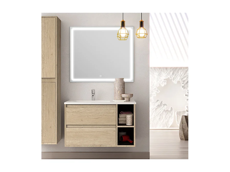Meuble de salle de bain vasque déportée 2 tiroirs OLYMPE et miroir Led VELDI - cambrian (chêne) - 80cm