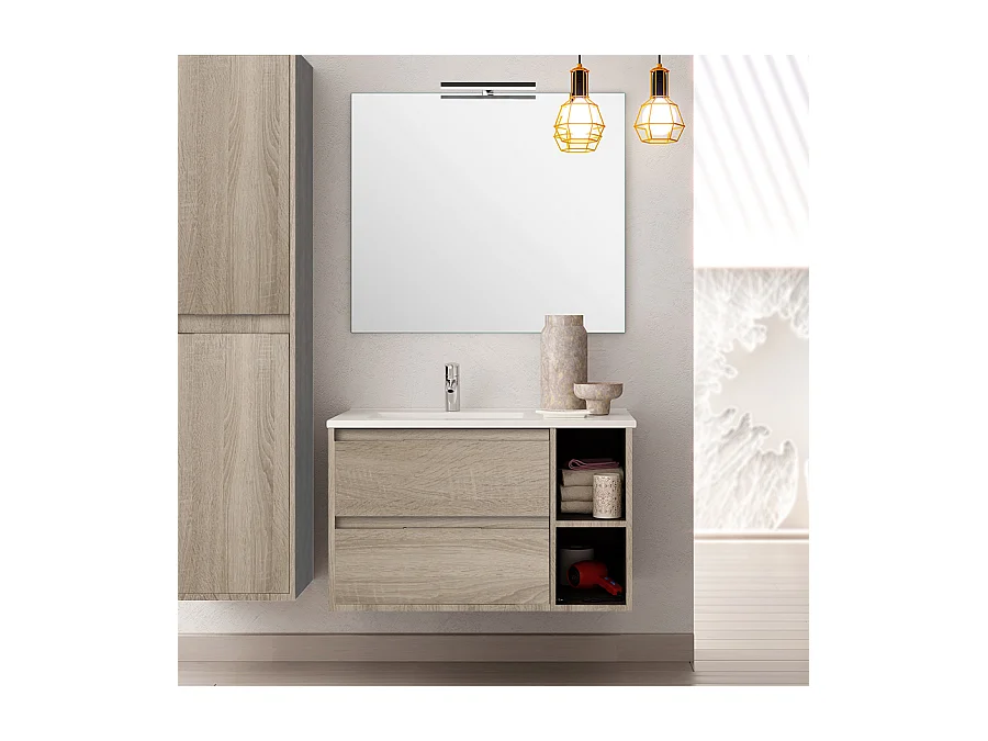 Meuble de salle de bain vasque déportée 2 tiroirs OLYMPE et miroir Led VELDI - cambrian (chêne) - 80cm