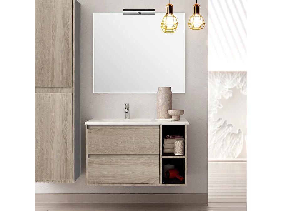 Meuble de salle de bain vasque déportée 2 tiroirs OLYMPE et miroir Led VELDI - cambrian (chêne) - 80cm