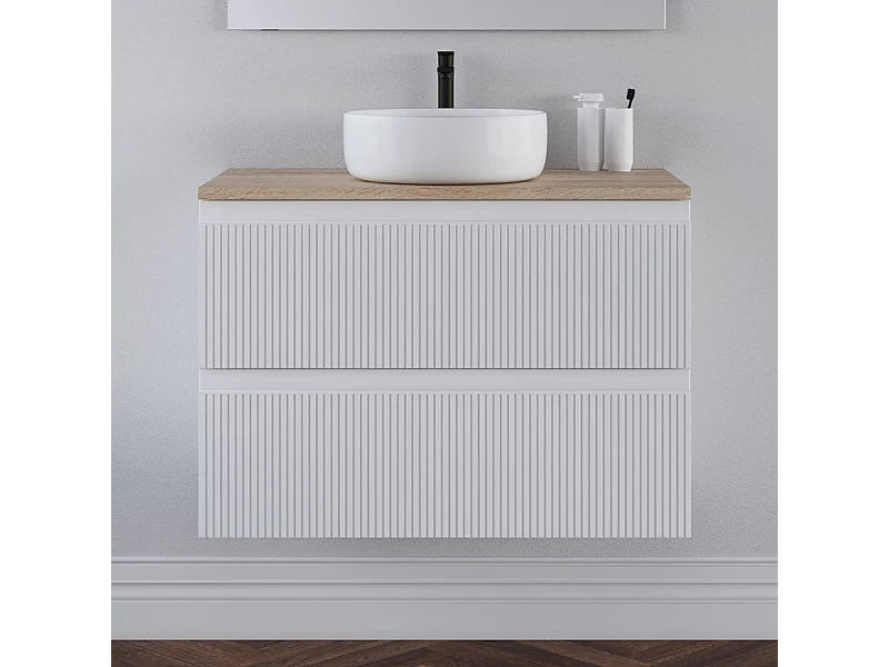 Meuble de salle de bain 80cm avec plateau cambrian et vasque à poser ronde - sans miroir - 2 tiroirs - blanc - RIBERA