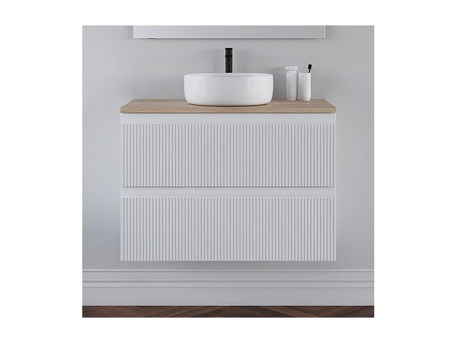 Meuble de salle de bain 80cm avec plateau cambrian et vasque à poser ronde - sans miroir - 2 tiroirs - blanc - RIBERA