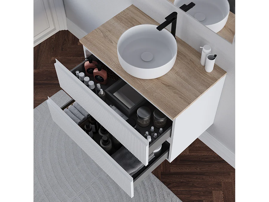 Meuble de salle de bain 80cm avec plateau cambrian et vasque à poser ronde - sans miroir - 2 tiroirs - blanc - RIBERA