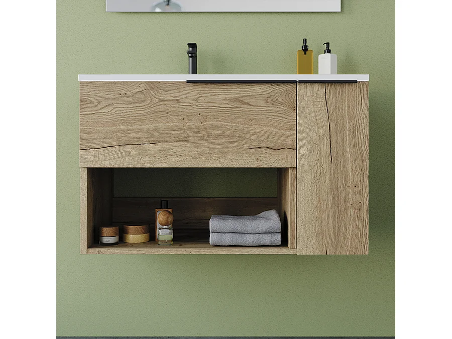 Meuble de salle de bain 80cm avec vasque déportée - sans miroir - roble (chêne clair) - MORENA