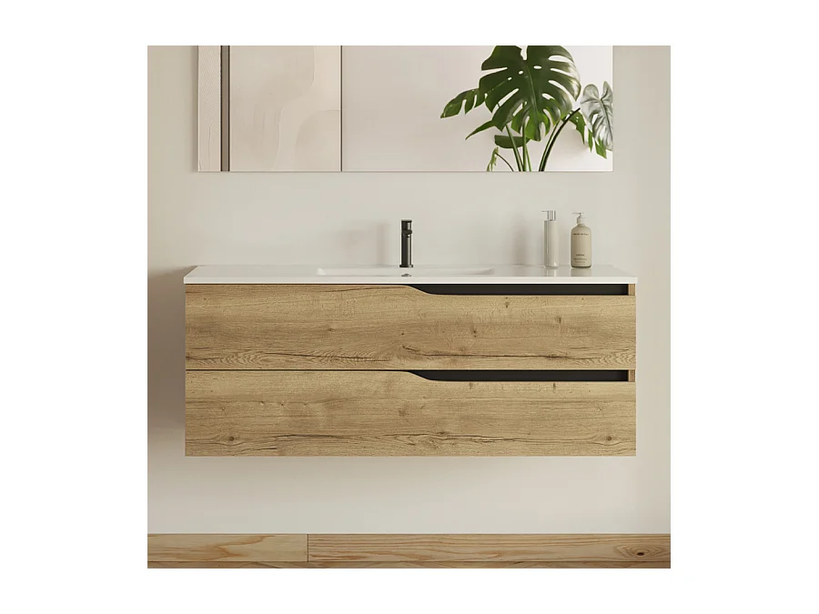 Meuble de salle de bain 120cm simple vasque - sans miroir - 2 tiroirs - madera miel (bois clair) - LUNA