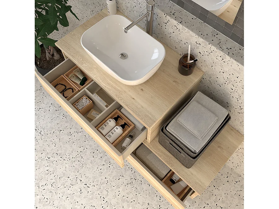 Meuble de salle de bain 2 tiroirs avec vasque à poser arrondie PENA et miroir Led STAM - Bambou (chêne clair) - 120cm