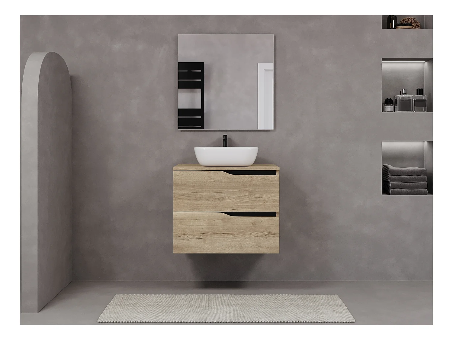 Meuble de salle de bain 60cm avec plateau et vasque à poser zeus - 2 tiroirs - madera miel (chêne clair) - LUNA