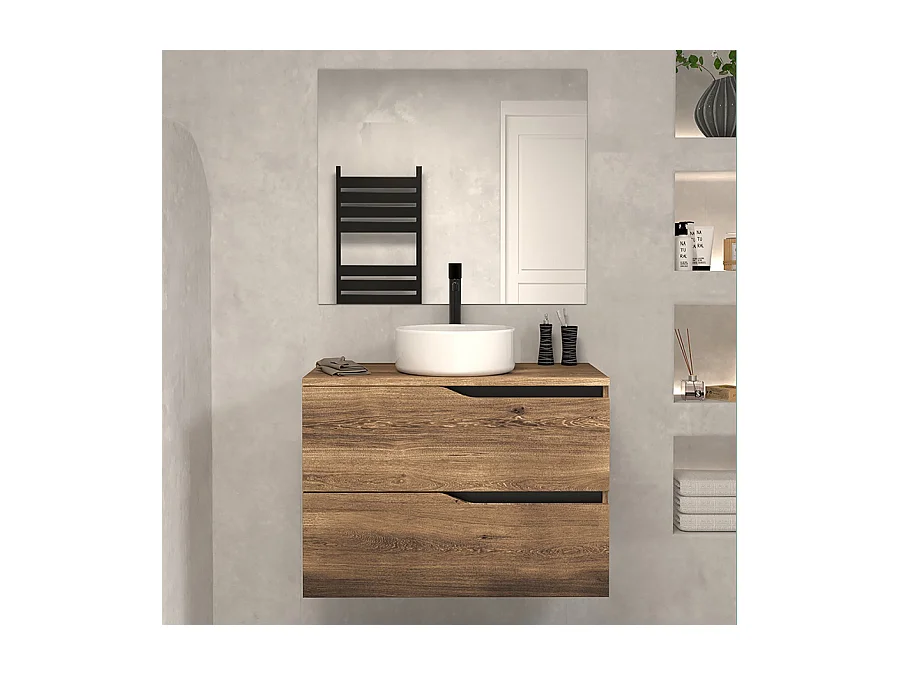 Meuble de salle de bain 60 avec plateau et vasque à poser - 2 tiroirs - tabaco (bois foncé) - LUNA