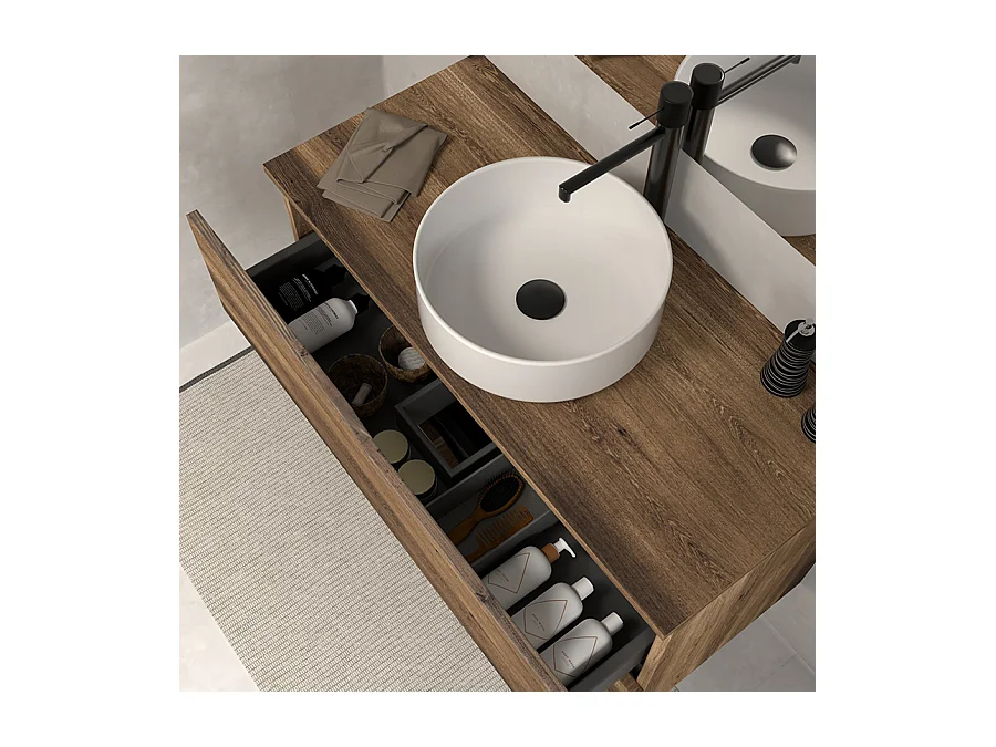 Meuble de salle de bain 60 avec plateau et vasque à poser - 2 tiroirs - tabaco (bois foncé) - LUNA
