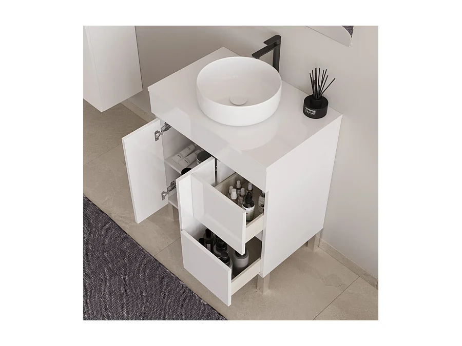 Meuble de salle de bain 70cm sur pieds avec plateau et une cuve à poser ronde - sans miroir - portes et tiroirs - blanc - HARO
