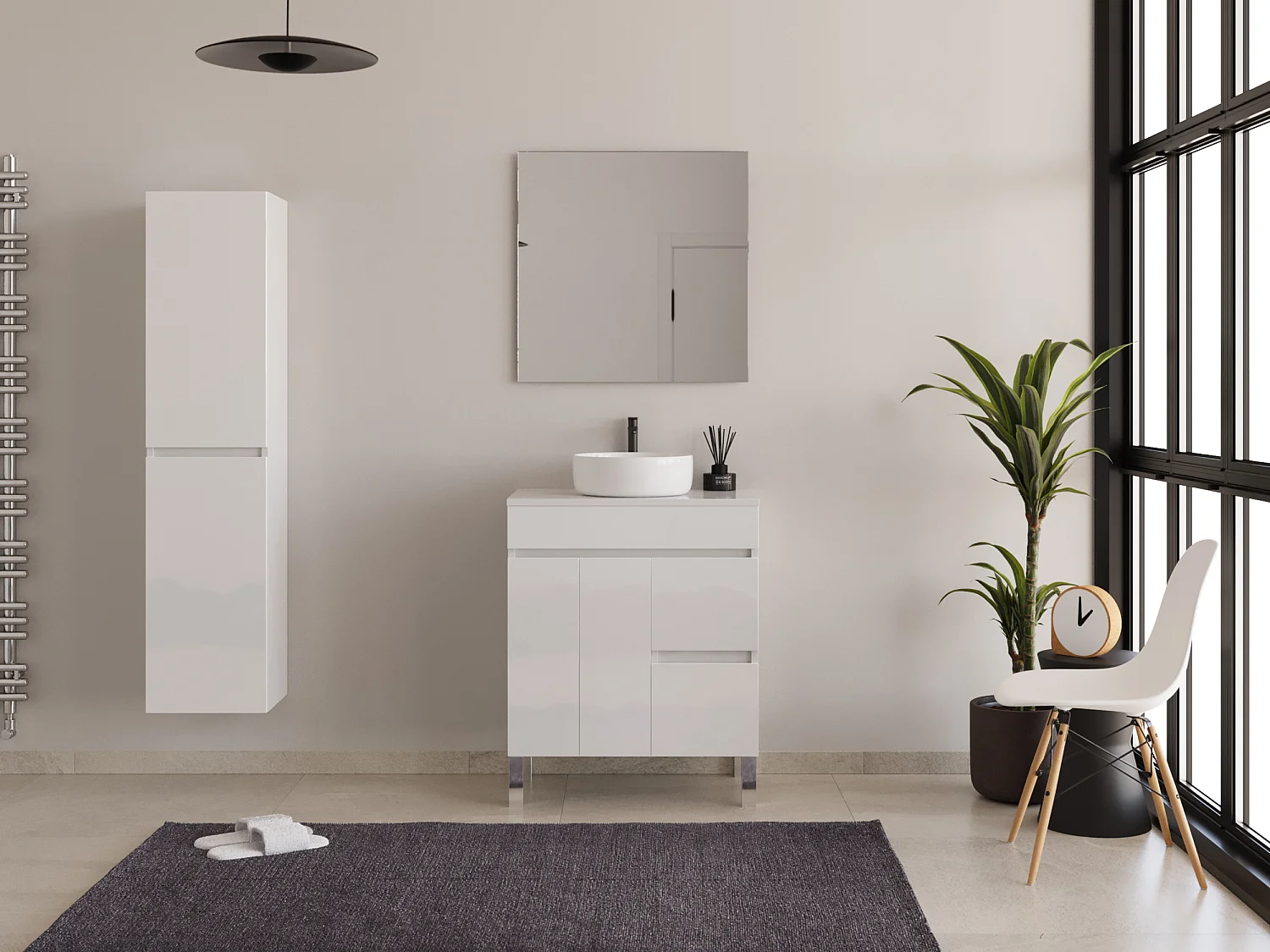 Meuble de salle de bain 70cm sur pieds avec plateau et une cuve à poser ronde - sans miroir - portes et tiroirs - blanc - HARO